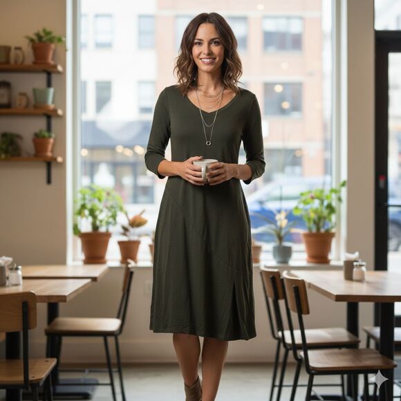 Ibex Women's Merino Wool Dress Olive Green S Knee Length 3/4 Sleeve USA - Picture 1 of 8